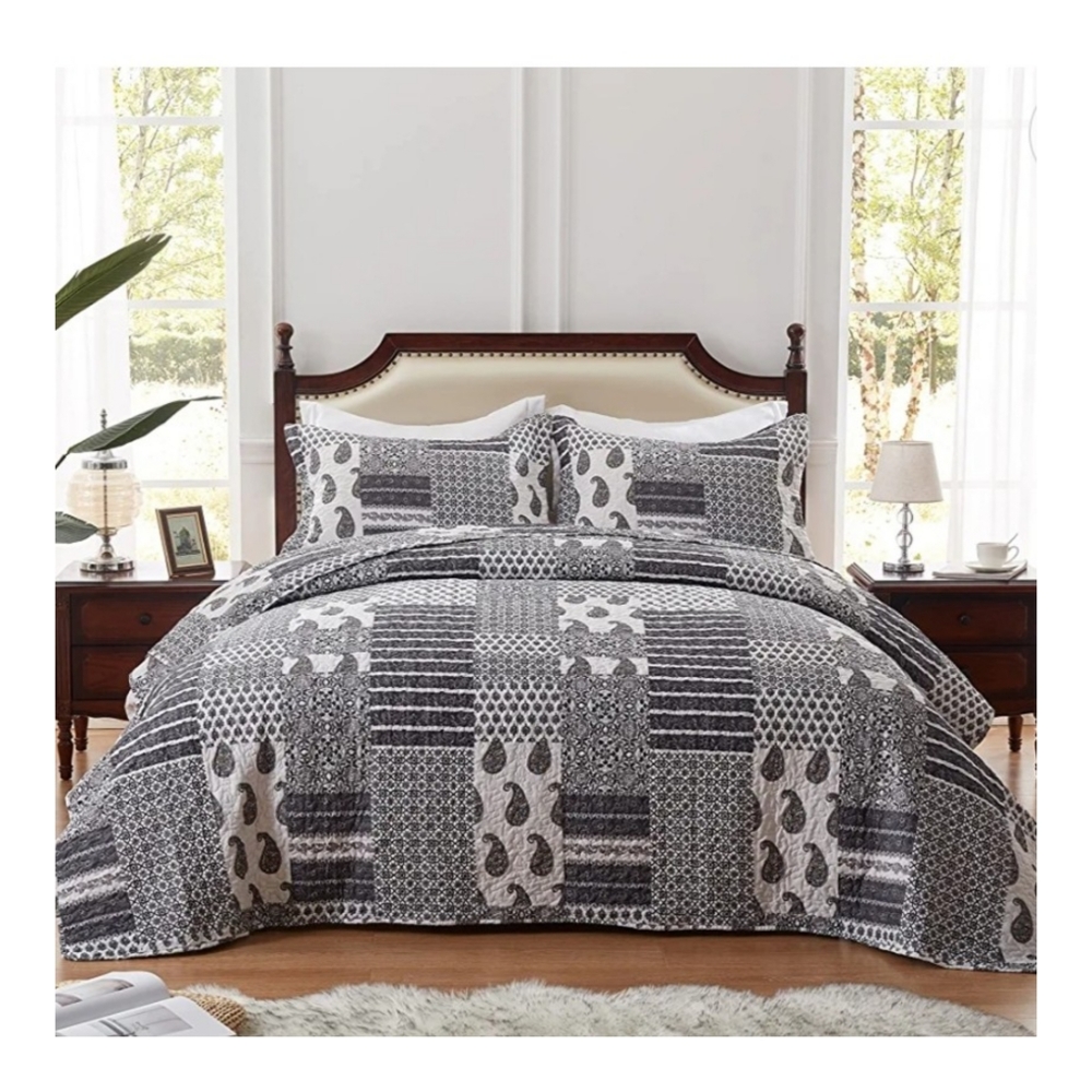 Boho Paisley Floral Patchwork 3 Piece Quilt Set Full/Queen Size